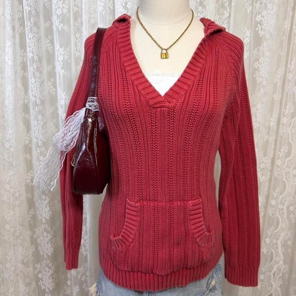 Vintage 2000s Deep V Neck Sweater Hoodie Red Women M/L Y2K Fitted Pocket Preppy